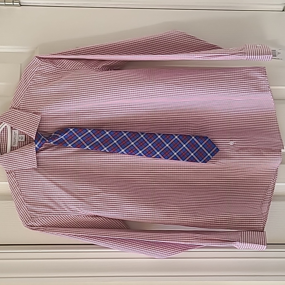 MICHAEL STRAHAN COLLECTION FOR YOUNG MEN RED PLAID BUTTON SHIRT W/ TIE SIZE 16R